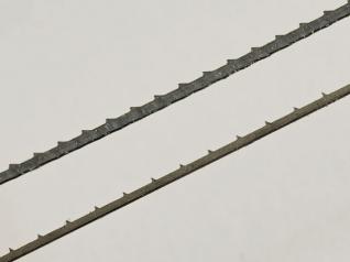 The smaller teeth and wider gullet on the Olson Mach Series blade (bottom) produce a smoother and straighter cut.